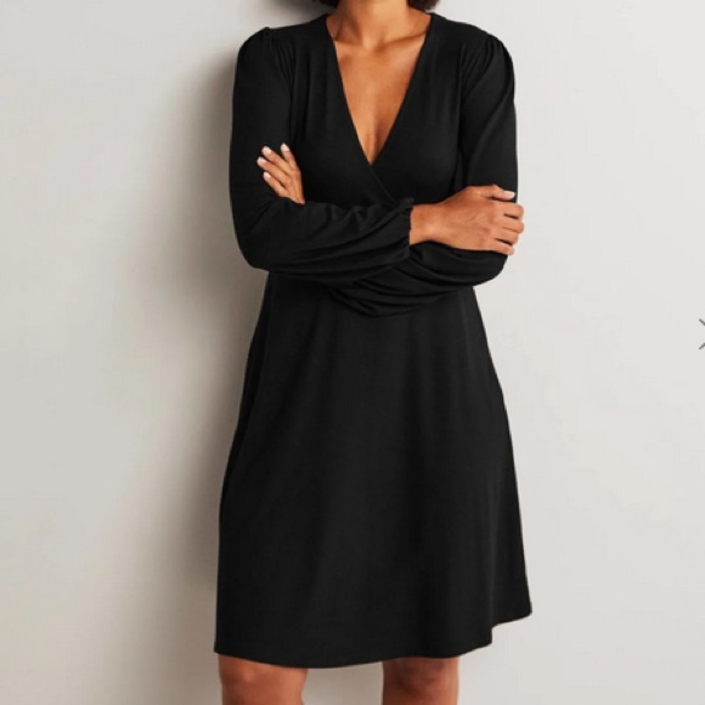 Boden Faux Wrap Stretch Jersey Knit Black Knee Length Dress Size 12